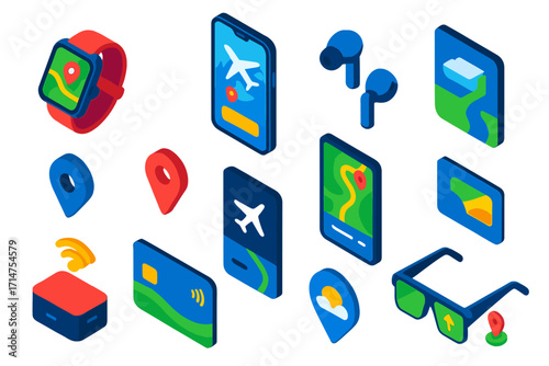 Tech-Enhanced Travel Icons. Isometric vector illustration set Technology-assisted travel: smartwatch with GPS, smartphone travel