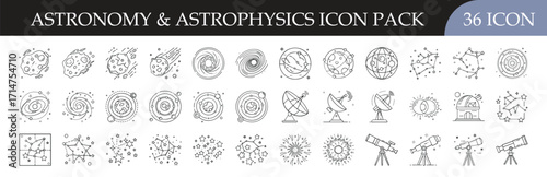 Astronomy and astrophysics icon set collection - Pack of 36 outline icons including planets, stars, galaxies, telescopes, and space symbols designed for science, research, and astronomy projects.
