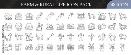 Farm and rural life icon set collection - Pack of 48 outline icons including barns, animals, crops, tools, and farming symbols designed for agriculture, countryside, and rural lifestyle projects.

