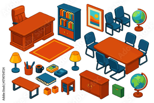 Executive Office Set. Isometric vector illustration set Executive office furniture: large wooden desk, leather chair, credenza,