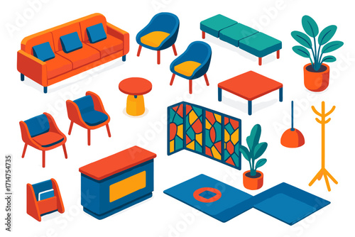 Reception Furniture Icons. Isometric vector illustration set Reception seating: sofa with cushions, lounge chairs, modular seating