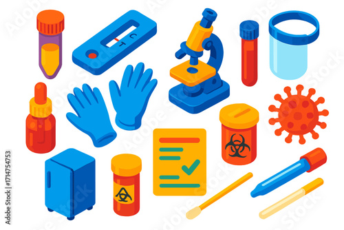 Laboratory Test Icons. Isometric vector illustration set Laboratory health tests: PCR tube, rapid test cassette, microscope, blood