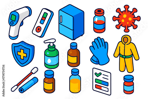 Health Screening Icons. Isometric vector illustration set Health screening station: thermometer, rapid test kit, refrigerator,