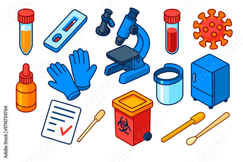 Laboratory Test Icons. Isometric vector illustration set Laboratory health tests: PCR tube, rapid test cassette, microscope, blood