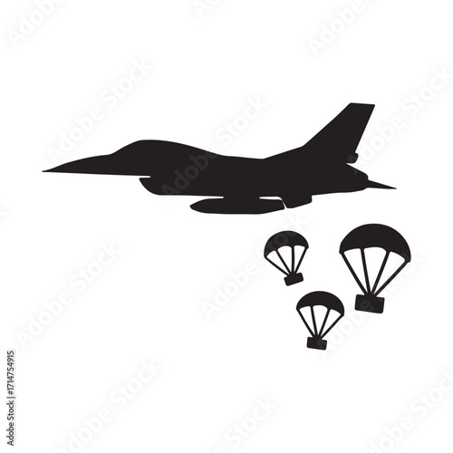 Vector art of silhouette of a fighter jet with parachutes