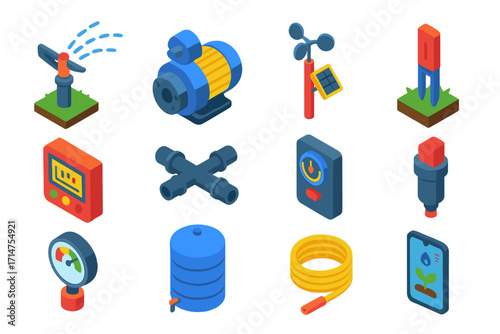 Smart Irrigation Icons. Isometric vector illustration set Smart irrigation: sprinkler head, water pump, weather sensor, soil