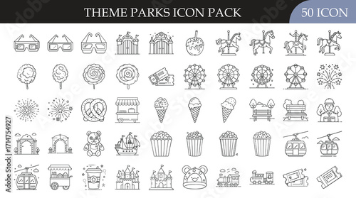 Theme park and amusement icon set collection - Pack of 50 outline icons including rides, roller coasters, popcorn, candy, ferris wheels, and games designed for amusement and leisure projects.
