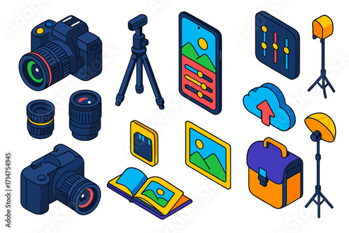 Photography Gear Icons. Isometric vector illustration set Photography lifestyle: DSLR camera, tripod, lens kit, memory card, photo
