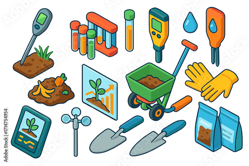Soil Health Tools. Isometric vector illustration set Soil health monitoring: soil tester probe, nutrient test kit, pH meter, soil