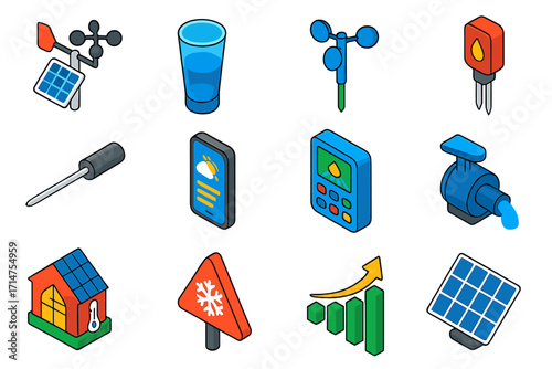 Weather-Based Farming Icons. Isometric vector illustration set Weather-based farming: weather station, rain gauge, wind speed