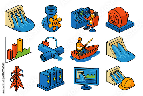 Hydroelectric Power Icons. Isometric vector illustration set Hydroelectric power: dam structure, water turbine, control room,