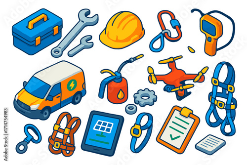 Renewable Maintenance Tools. Isometric vector illustration set Renewable maintenance tools: toolbox, wrench, safety helmet,