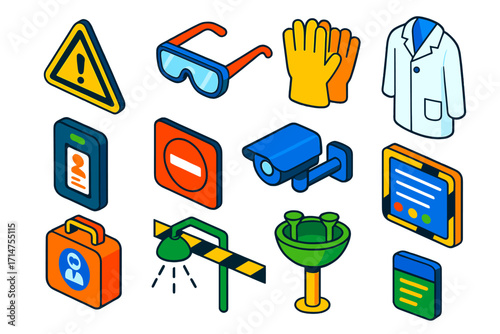 Lab Safety Icons. Isometric vector illustration set Laboratory access control: hazard warning sign, safety goggles, gloves, lab