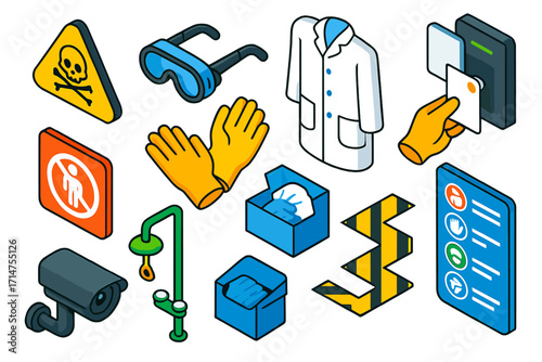 Lab Safety Icons. Isometric vector illustration set Laboratory access control: hazard warning sign, safety goggles, gloves, lab