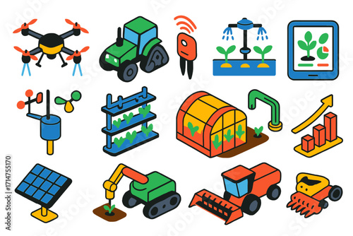 Smart Agriculture Icons. Isometric vector illustration set Smart agriculture: drone sprayer, automated tractor, soil sensor,