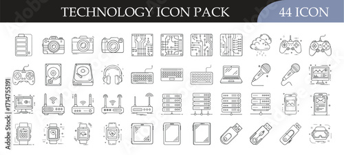 Technology icon set with devices and gadgets - Collection of 44 line style icons featuring computers, cameras, smartphones, gaming controllers, and digital devices for tech and design projects.
