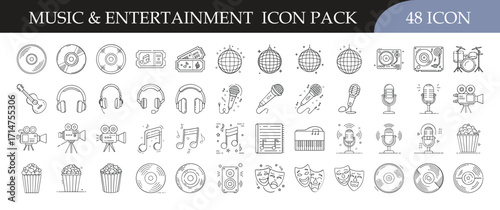 Music and entertainment icon set collection - Collection of 48 line style icons representing music, cinema, instruments, and entertainment elements designed for creative projects and media use.
