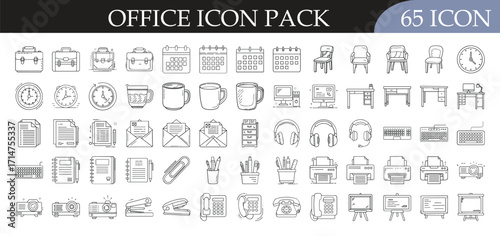 Office Icon Pack Collection for Business Design - Set of 65 simple office icons including desks, chairs, clocks, files, and stationery items for workplace, business, and productivity designs.
