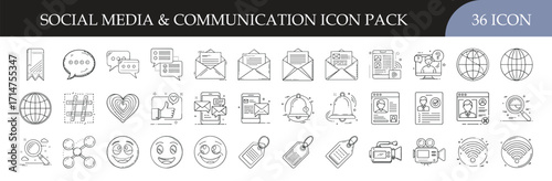 Social media and communication line icon collection set - Line icon pack featuring 36 social media and communication symbols including chat bubbles, messages, notifications, likes, sharing