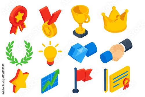Achievement Icons Collection. Isometric vector illustration set Top performer: award ribbon, gold medal, trophy, crown, laurel