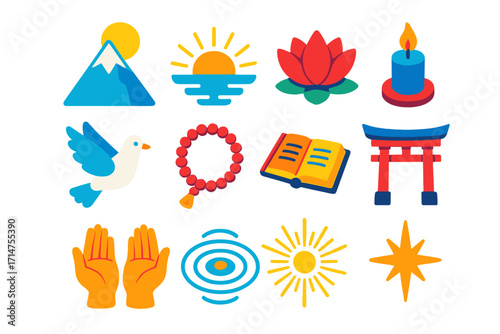 Path to Enlightenment. Isometric vector illustration set Path to enlightenment: mountain peak, sunrise, lotus flower, candle, dove