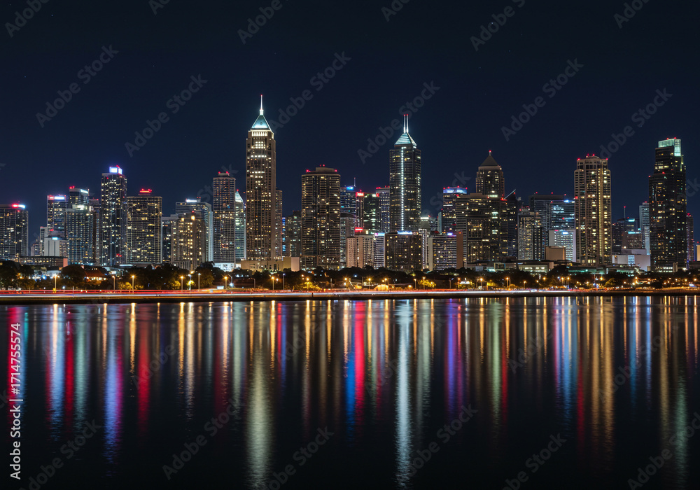 Obraz premium Captivating city skyline at night with vibrant lights reflecting on calm water