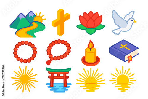 Sacred Path Symbols. Isometric vector illustration set Sacred path: winding road through mountains, sunrise, cross, lotus flower,