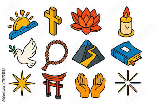 Faith and Hope Icons. Isometric vector illustration set Hope and faith: rising sun, cross, lotus flower, candle, dove, prayer