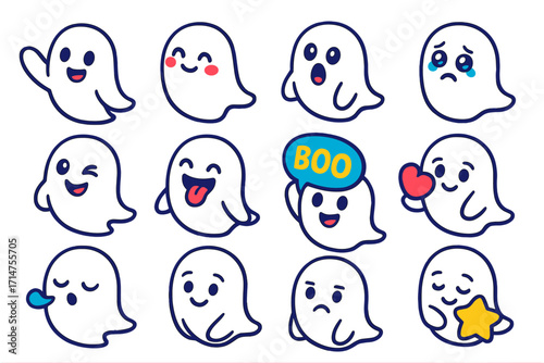 Colorful Ghost Icons. Isometric vector illustration set of ghosts with various expressions: waving ghost, blush-cheek ghost,