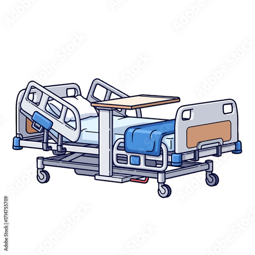 Illustration of a hospital bed with adjustable features and a bedside table.