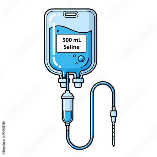 Illustration of a saline IV drip bag with tubing and needle.