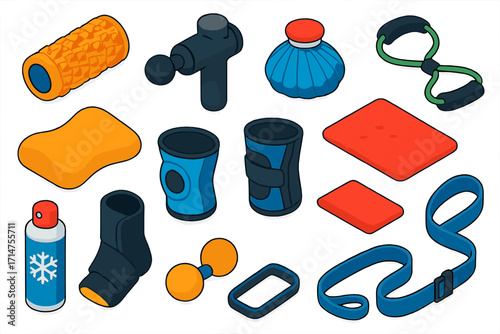 Fitness Recovery Tools. Isometric vector illustration set of fitness recovery tools: compact travel roller, handheld massage gun,