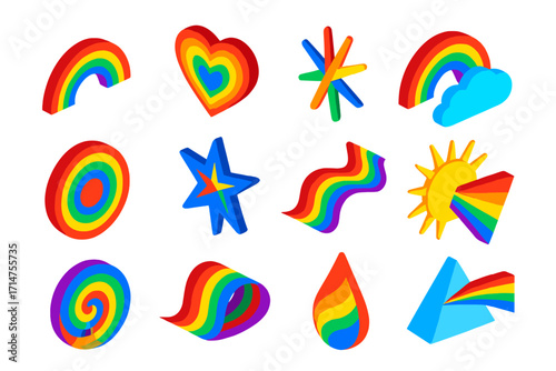 Vibrant Rainbow Icons. Isometric vector illustration set of rainbow elements: gradient rainbow arc, heart in vivid rainbow,