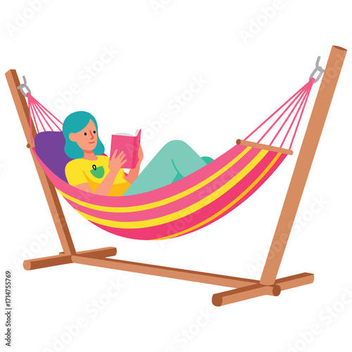 Woman with blue hair reading book in colorful striped hammock vector illustration
