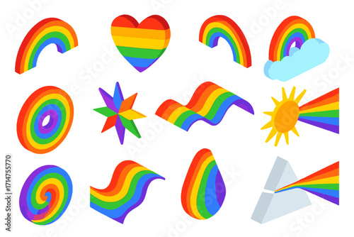 Vibrant Rainbow Icons. Isometric vector illustration set of rainbow elements: gradient rainbow arc, heart in vivid rainbow,