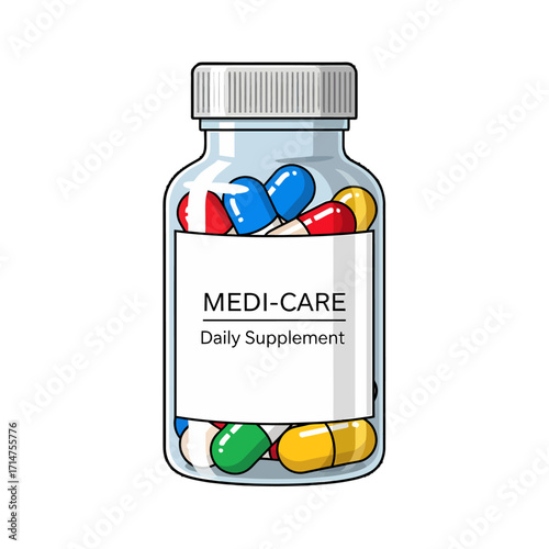 A clear glass bottle filled with colorful capsules, labeled 'MEDI-CARE Daily Supplement'.