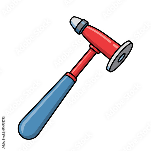 A stylized cartoon drawing of a neurological reflex hammer with a red and blue handle on a white background.
