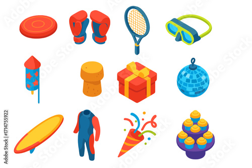 Vibrant Celebration Icons. Isometric vector illustration set of active living and celebration themes: frisbee disc, boxing pads,