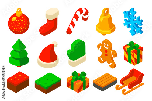 Festive Holiday Icons. Isometric vector illustration set of Christmas holiday elements: glitter ornament, cozy stocking, striped