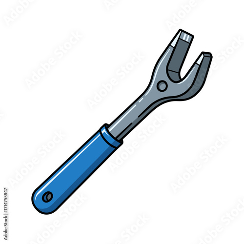 Close-up of a blue and silver bicycle spoke wrench tool on white background.