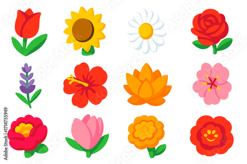Vivid Floral Icons. Isometric vector illustration set of floral elements: tulip bloom, sunflower head, daisy, rose, lavender sprig