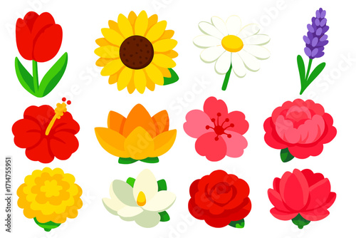 Vivid Floral Icons. Isometric vector illustration set of floral elements: tulip bloom, sunflower head, daisy, rose, lavender sprig