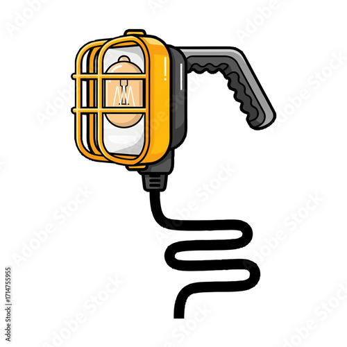 Illustration of a yellow and black portable work light with a protective cage and handle, featuring a visible incandescent bulb and a coiled power cord.