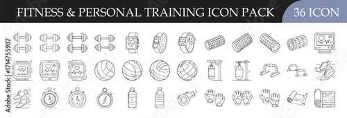 Fitness and personal training icon pack set, Collection of 36 outline icons featuring gym equipment, workout symbols, sports gear, and training tools, perfect for health, exercise, and fitness