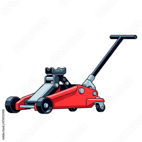 Red automotive floor jack with black handle and wheels.