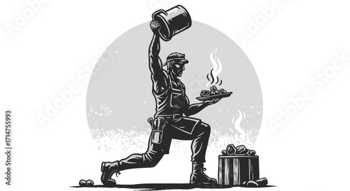 Artistic Illustration of a Worker Holding a Bucket and Serving Food with Steam in the Background