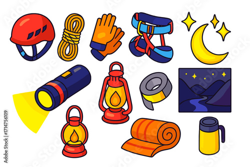 Nighttime Safety Gear. Isometric vector illustration set of safety gear and nighttime elements: climbing helmet, rope, gloves,