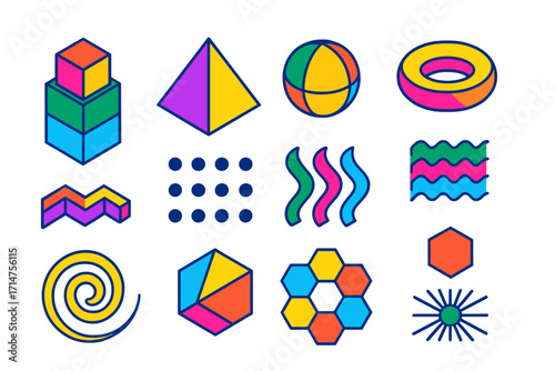 Colorful Geometric Shapes. Isometric vector illustration set of geometric shapes and patterns: stacked cubes, pyramid, sphere,