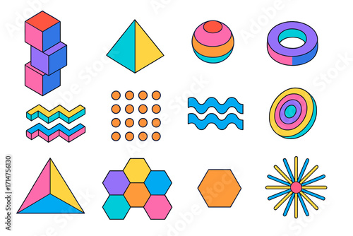 Colorful Geometric Shapes. Isometric vector illustration set of geometric shapes and patterns: stacked cubes, pyramid, sphere,