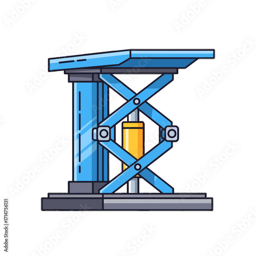 Blue scissor lift with hydraulic cylinder for industrial lifting operations and maintenance tasks.